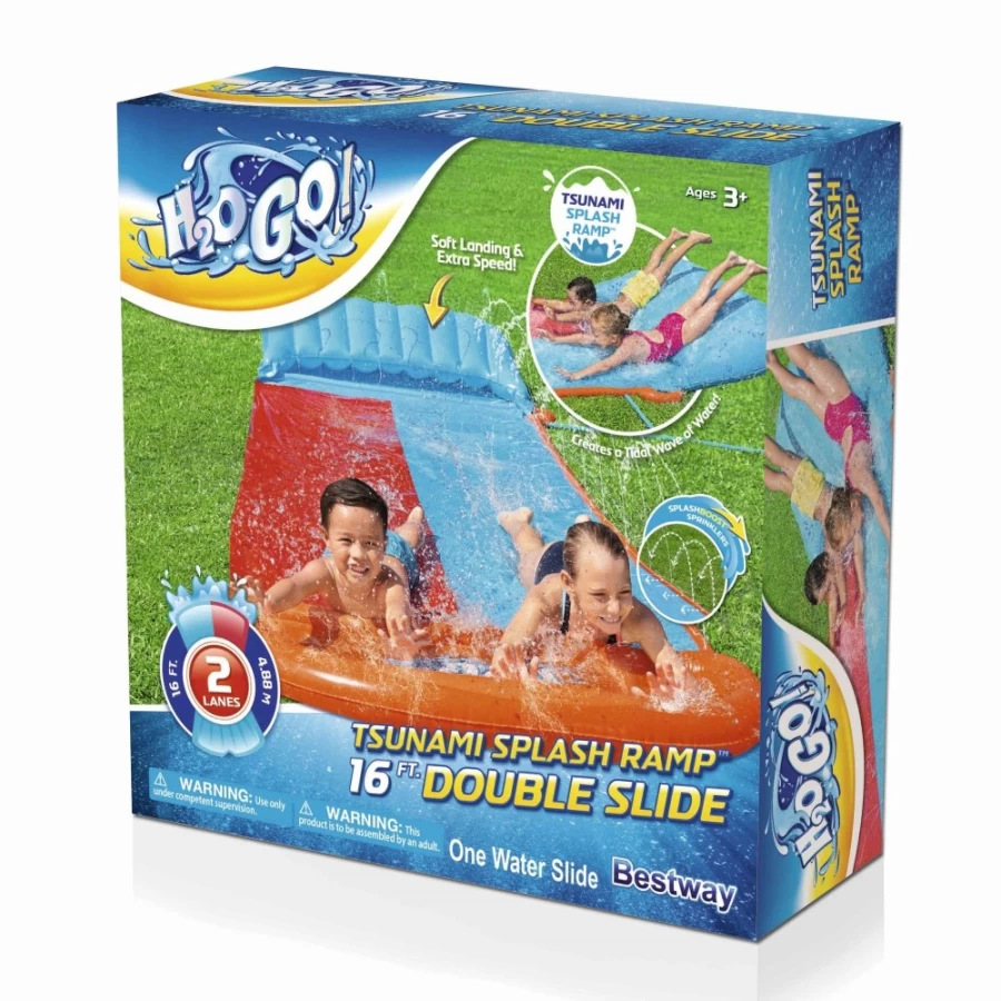 Bestway H2Ogo! 16-Foot Double Lane Water Slide with Tsunami Splash Ramp for Kids