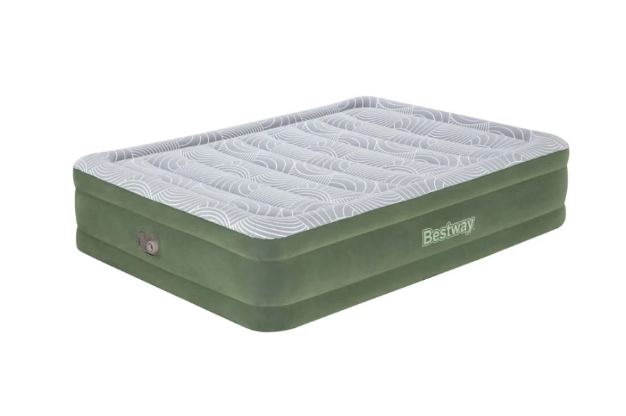 Bestway Queen Air Mattress with Built-In Pump - 18" Flock Top Sage Green Inflatable Bed for Comfort & Support